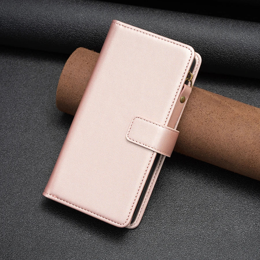 the pink leather wallet case is shown on a black background