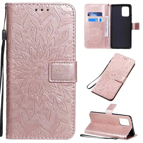 A pink leather wallet case with a flower design