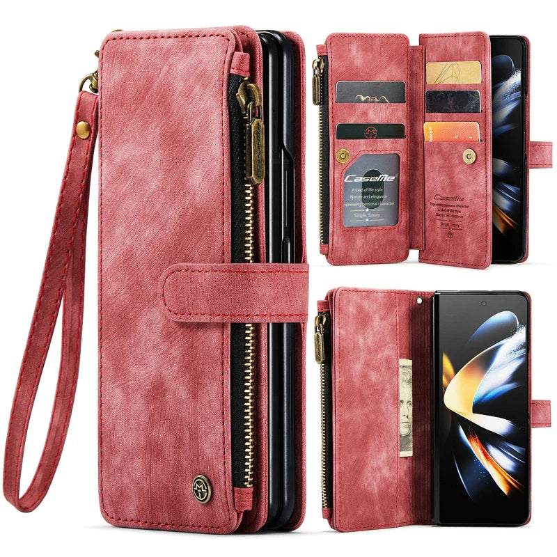 Pink leather wallet case for a smartphone with multiple card slots and a detachable wrist strap.