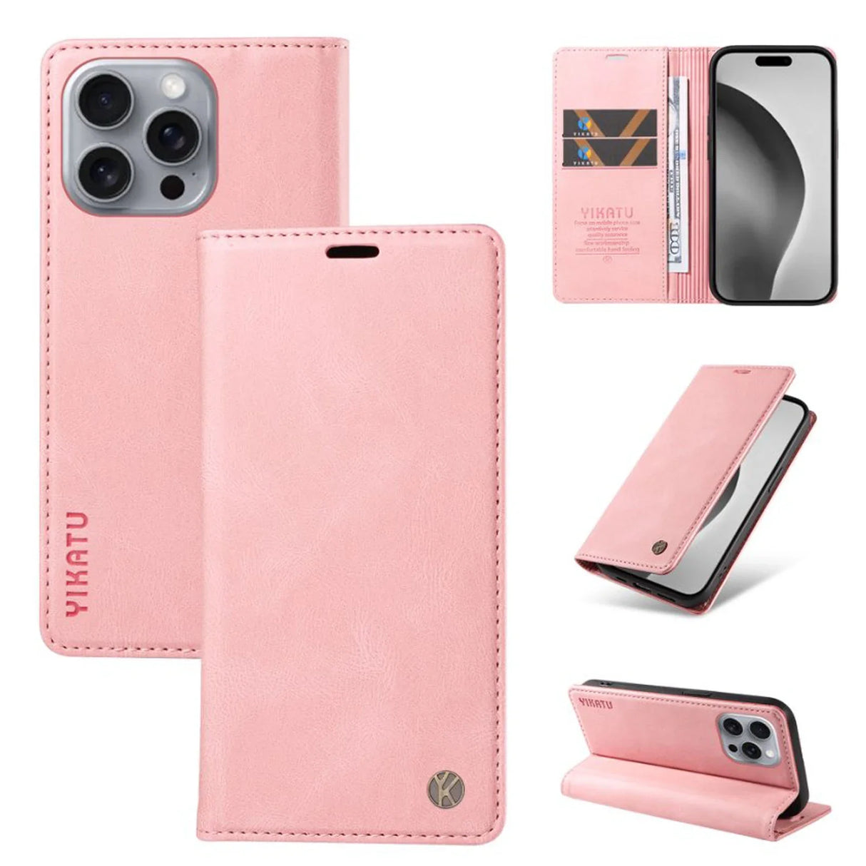 Pink leather wallet phone case for iPhone.