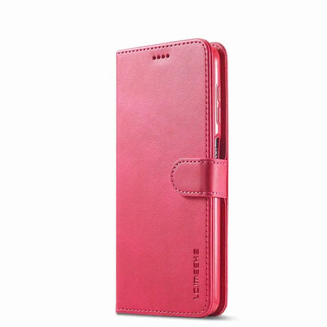 Pink leather wallet-style smartphone case with a flip cover and card slots.