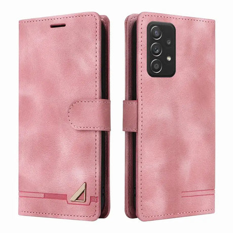 Pink leather wallet-style smartphone case with a triple camera cutout.