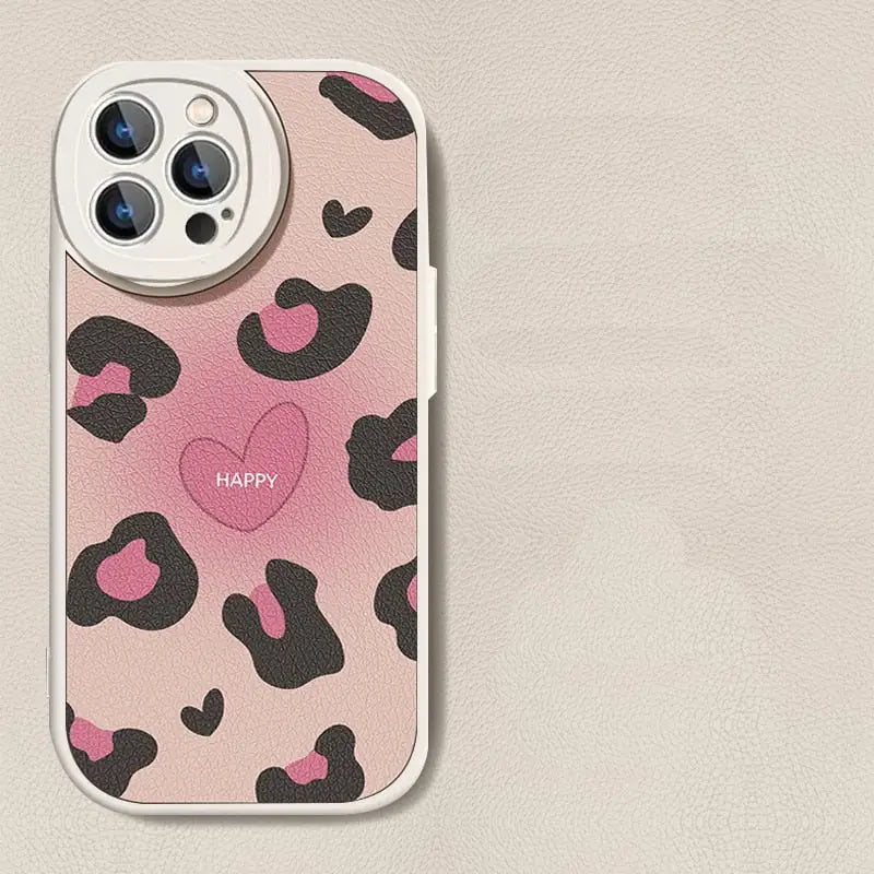 the pink leopard print iphone case is shown on a beige background
