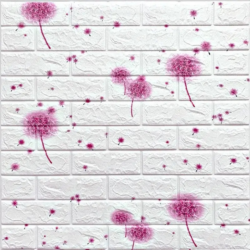 a brick wall with pink dandels on it
