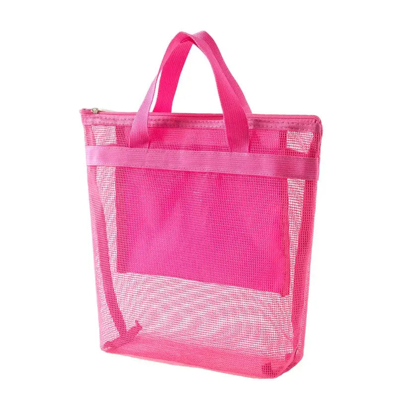 a pink mesh bag with a zipper closure