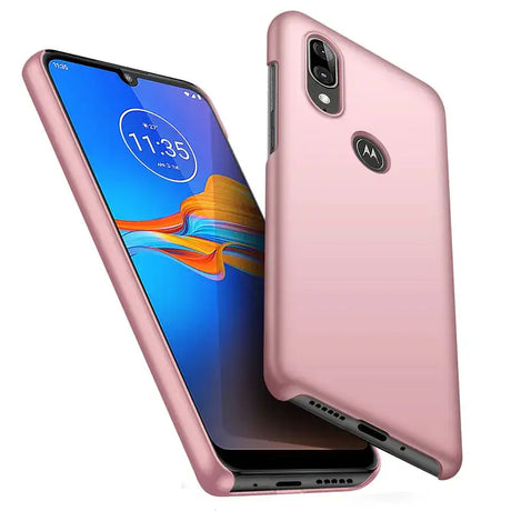 The back and side of a pink motorola moto g7 phone