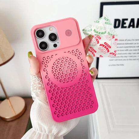 Pink ombre iPhone case with a geometric pattern and camera cutouts.