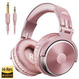 Pink over-ear headphones with a detachable audio cable.