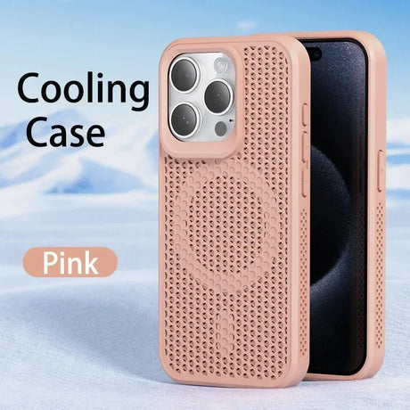 Pink perforated cooling case for an iPhone with a circular pattern on the back.