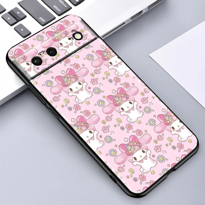 Pink phone case with cartoon characters.