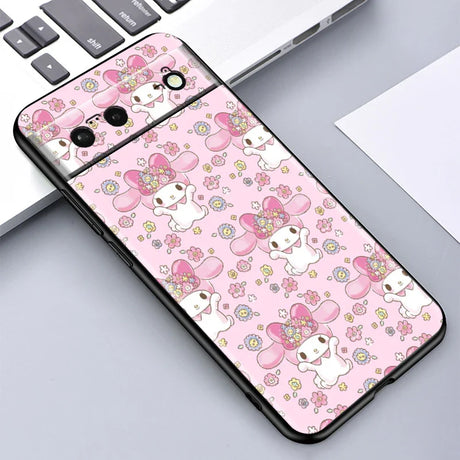 Pink phone case with cartoon characters.