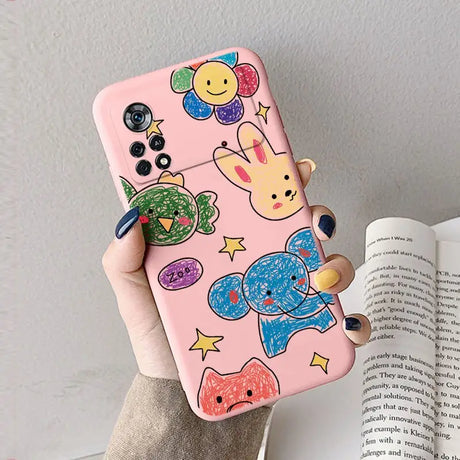 A pink phone case with colorful fish and fish design