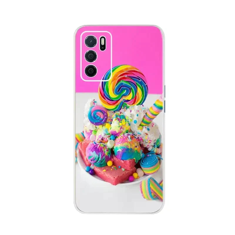 a pink phone case with a colorful candy and los