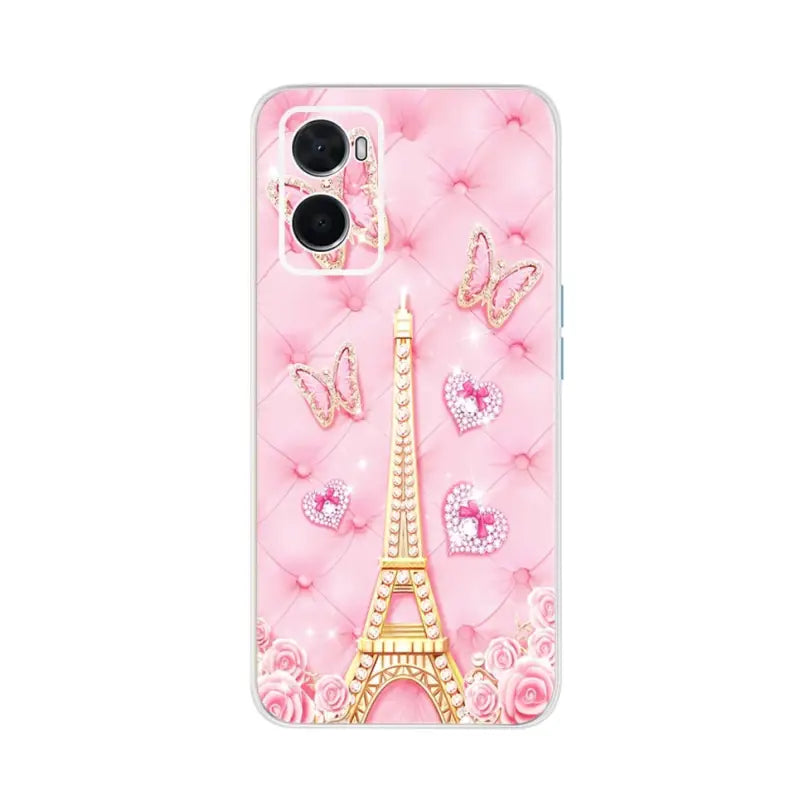 a pink phone case with a eiffel tower and hearts