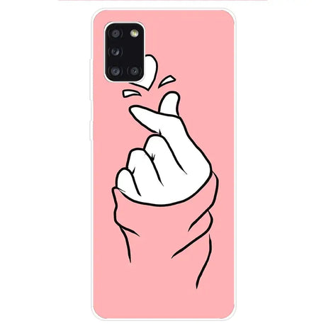 A pink phone case with a hand pointing at the camera