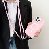 Pink phone case with lanyard.