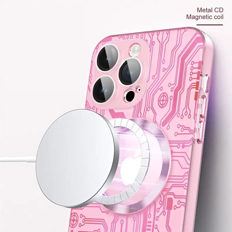 a pink phone case with a circular mirror