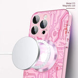 a pink phone case with a circular mirror
