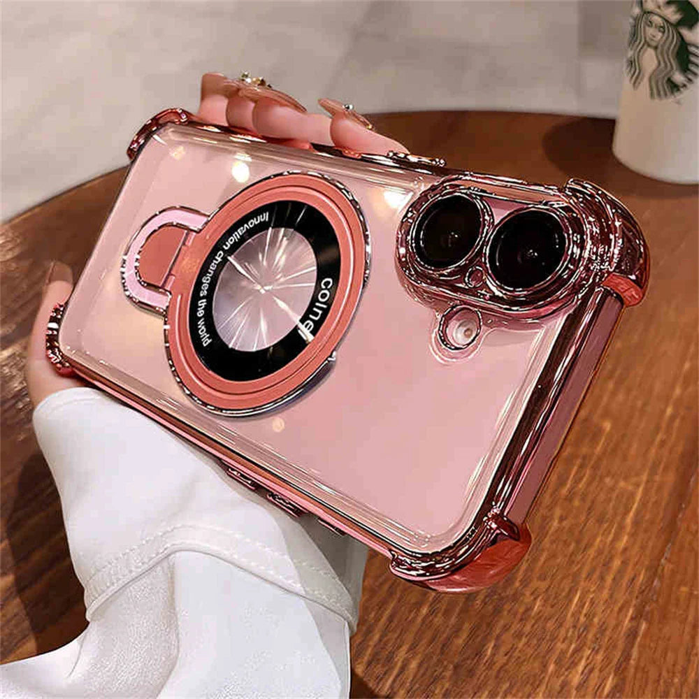 Pink phone case with ring stand.