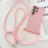 Pink phone case with strap.