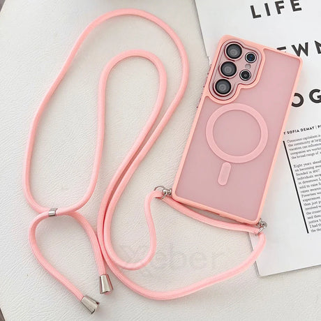 Pink phone case with strap.