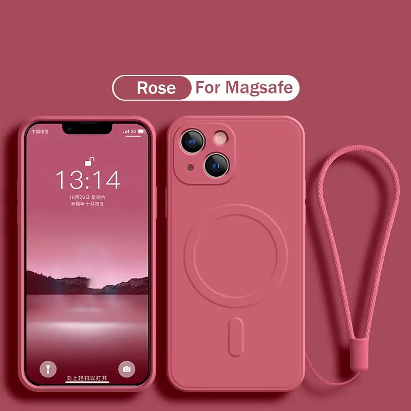 a pink phone case with a phone strap