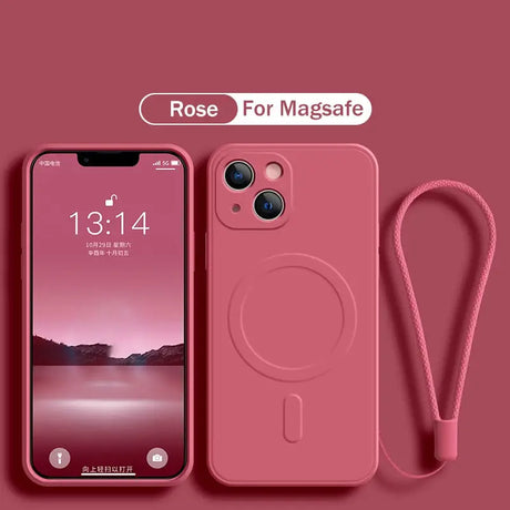 A pink phone case with a phone strap