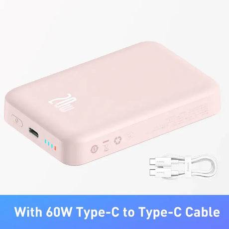 A pink power bank with a cable attached to it