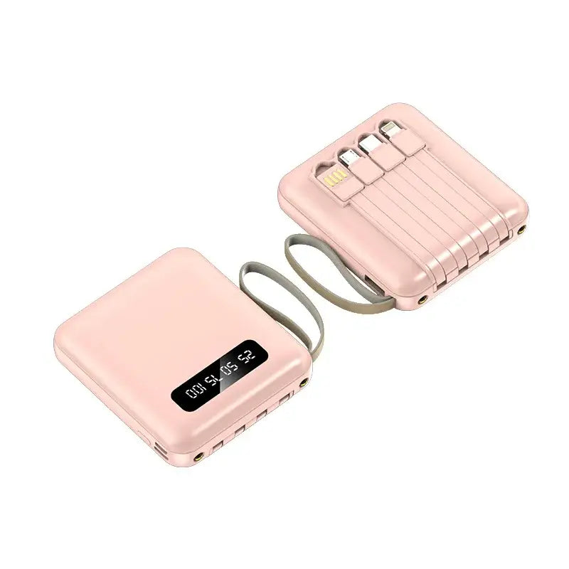 the pink power bank is shown with a charging cable attached to it