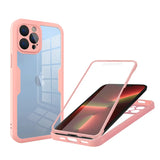 Pink protective case for an iPhone with a clear back panel and built-in screen protector.