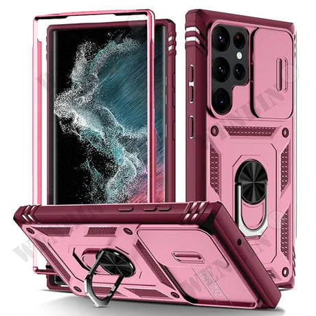 Pink protective smartphone case with a built-in ring holder and multiple camera cutouts.