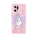 a pink and purple glitter phone case with a hand holding a heart