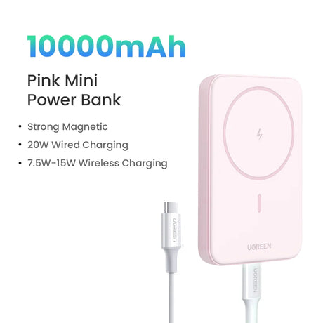 Pink rectangular power bank with magnetic wireless charging capability and a USB cable.