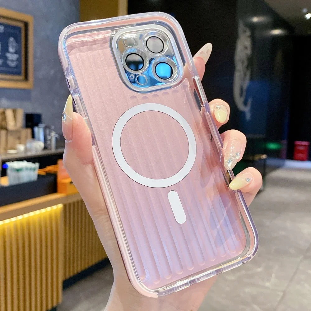 Pink ribbed phone case with a clear MagSafe ring and enhanced camera protection.