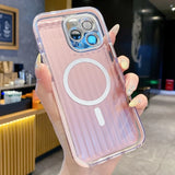 Pink ribbed phone case with a clear MagSafe ring and enhanced camera protection.