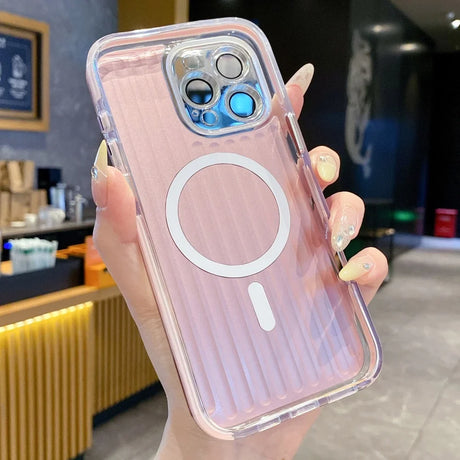 Pink ribbed phone case with a clear MagSafe ring and enhanced camera protection.