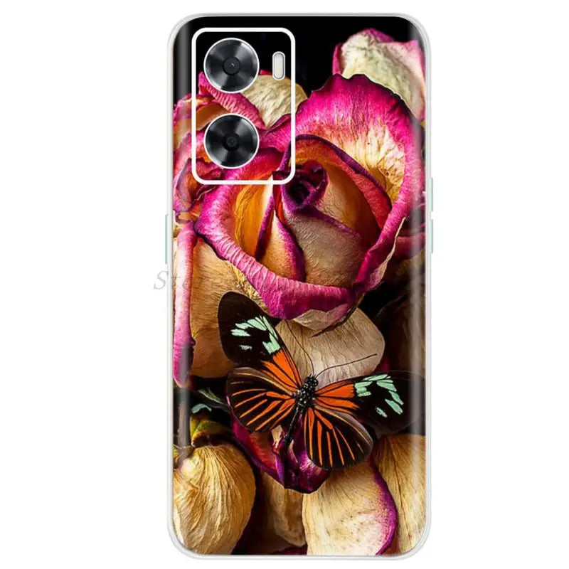 a pink rose and butterfly on black phone case