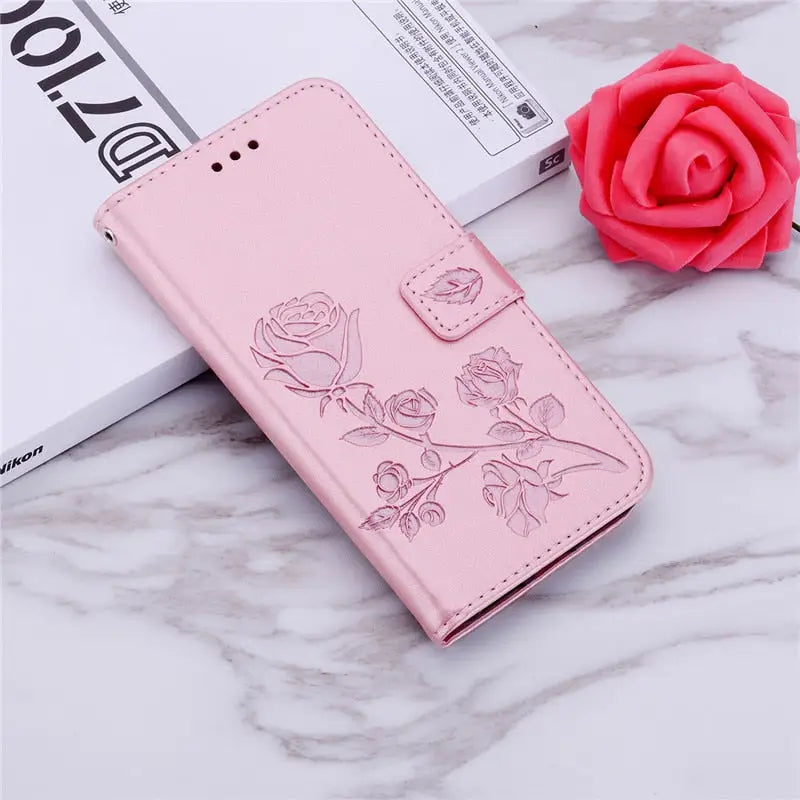 pink rose flower leather wallet case for iphone