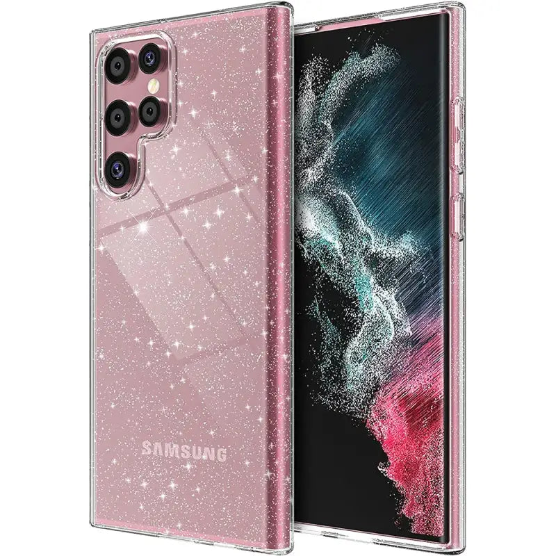 The back of a pink samsung phone case with glitter glitter