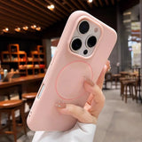 Pink silicone iPhone case with a circular MagSafe ring.