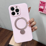 Pink silicone phone case with a built-in magnetic ring holder and stand.