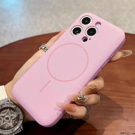 Pink silicone phone case with a MagSafe ring.