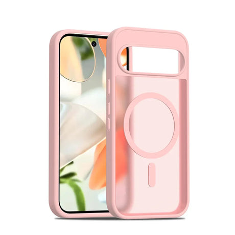 Pink silicone phone case with a transparent back and magnetic charging ring.