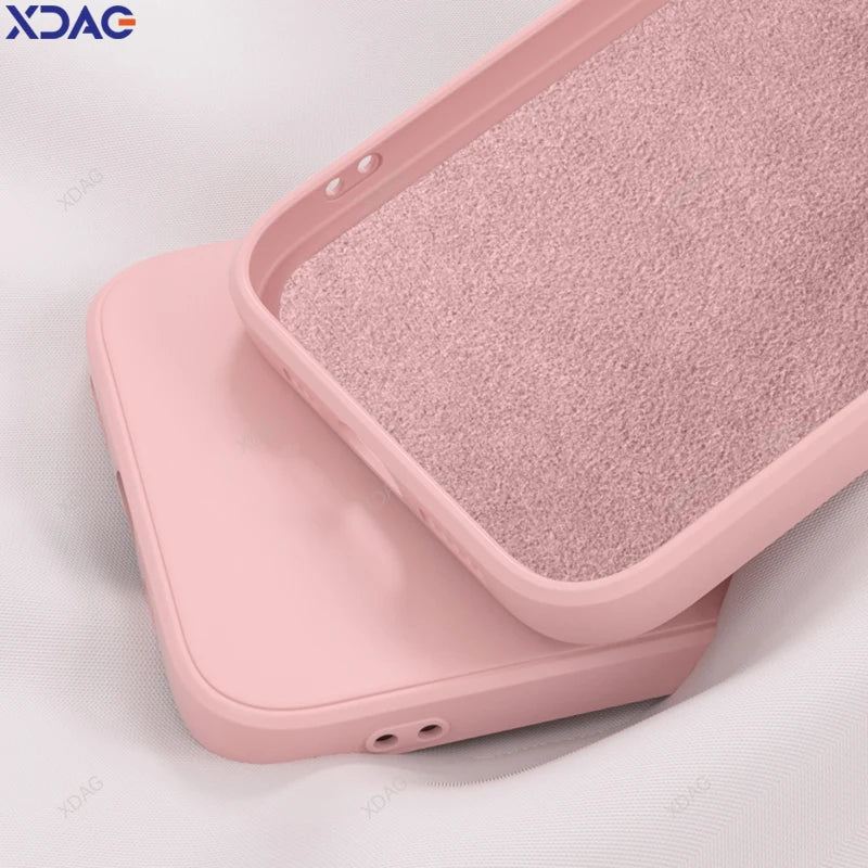 Pink straight edge silicone phone case for OPPO A5 A9 A11 with textured fuzzy interior lining shown from back side
