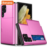 Pink smartphone case with a built-in card slot and multiple camera cutouts.