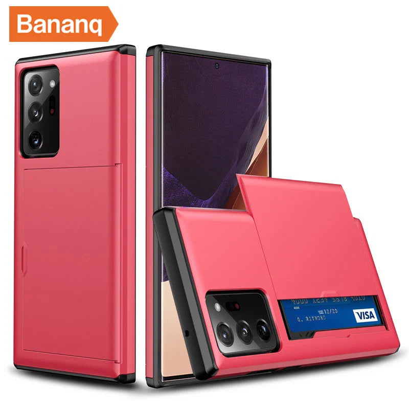 Pink smartphone case with a built-in card slot for holding a credit card.