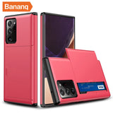 Pink smartphone case with a built-in card slot for storing a credit card.