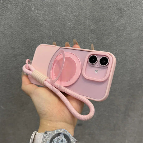 Pink smartphone case with a built-in ring holder and wrist strap.