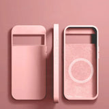 Pink smartphone case with a circular design element on one side.