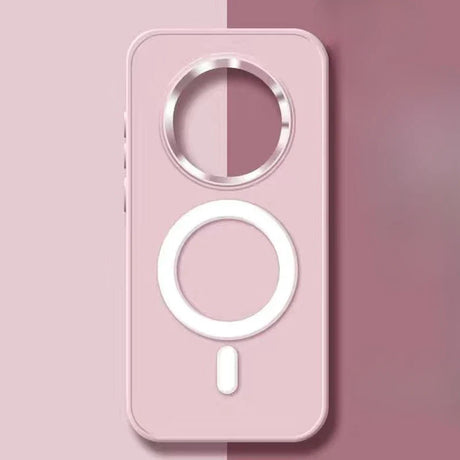 Pink smartphone case with a circular magnetic ring and wireless charging symbol.